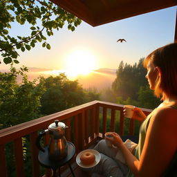 A serene morning scene featuring a person enjoying a cup of coffee on a wooden balcony overlooking a lush green landscape