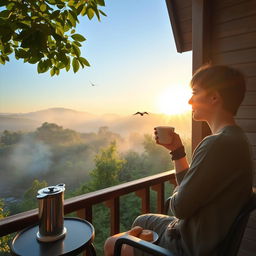 A serene morning scene featuring a person enjoying a cup of coffee on a wooden balcony overlooking a lush green landscape