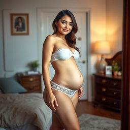A slim yet curvy 19 year old woman stands in her inviting bedroom, gazing into a mirror