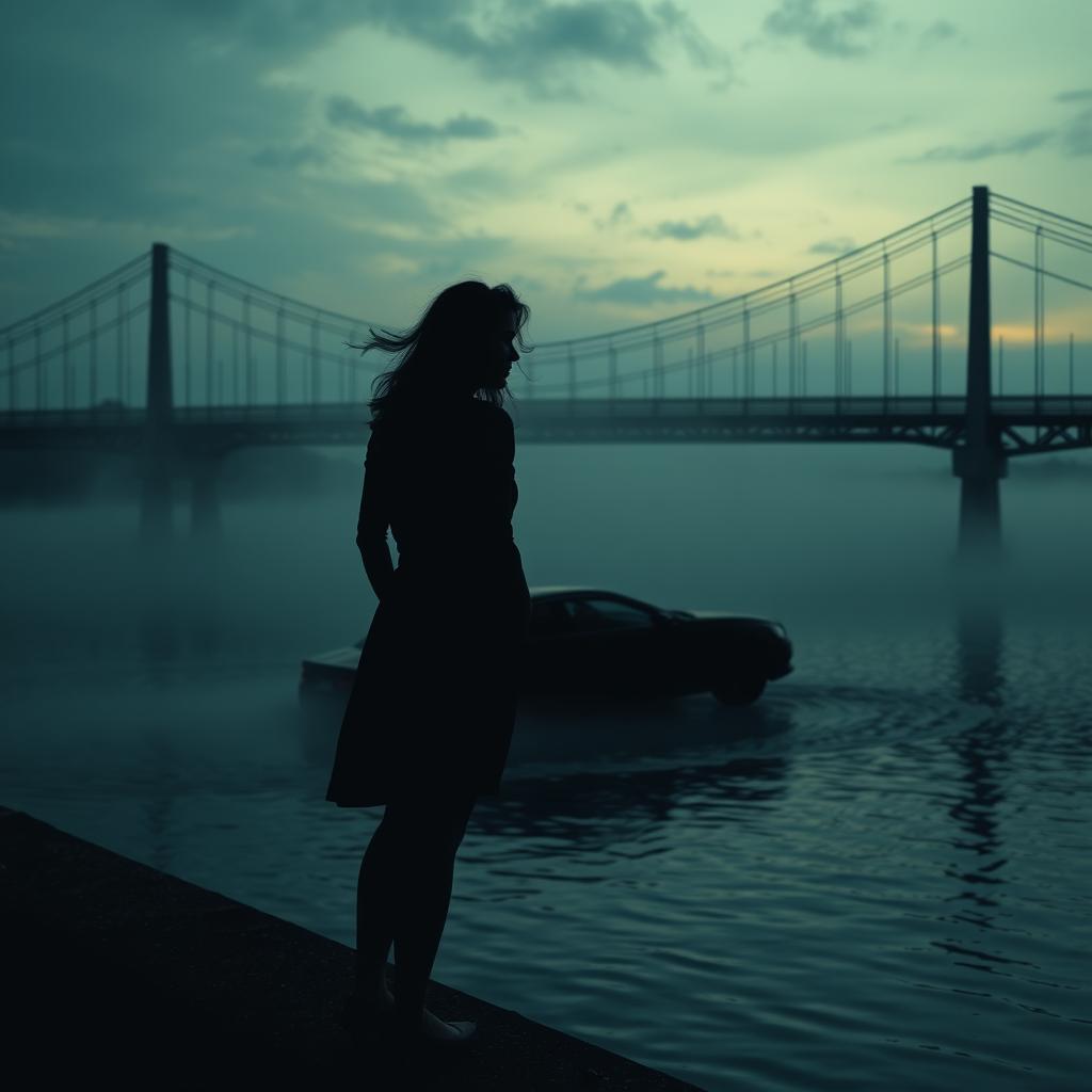 A dramatic silhouette of a woman standing on a bridge, gazing at a car that has just run off the edge and is beginning to sink into the water below