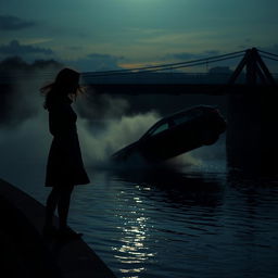 A dramatic silhouette of a woman standing on a bridge, gazing at a car that has just run off the edge and is beginning to sink into the water below