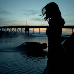 A dramatic silhouette of a woman standing on a bridge, gazing at a car that has just run off the edge and is beginning to sink into the water below