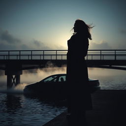 A dramatic silhouette of a woman standing on a bridge, gazing at a car that has just run off the edge and is beginning to sink into the water below