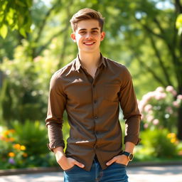 A charming young man standing confidently in a sunny park, wearing a stylish casual outfit that includes a fitted shirt and jeans
