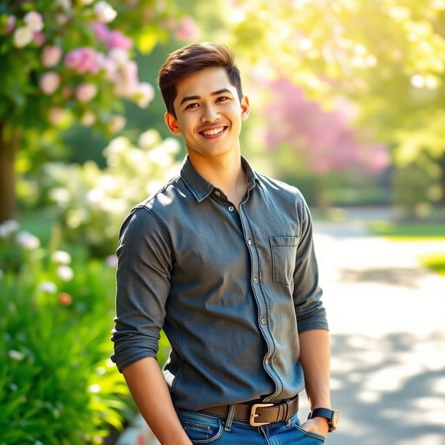 A charming young man standing confidently in a sunny park, wearing a stylish casual outfit that includes a fitted shirt and jeans