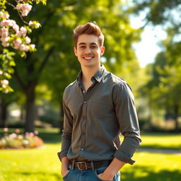 A charming young man standing confidently in a sunny park, wearing a stylish casual outfit that includes a fitted shirt and jeans
