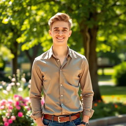 A charming young man standing confidently in a sunny park, wearing a stylish casual outfit that includes a fitted shirt and jeans