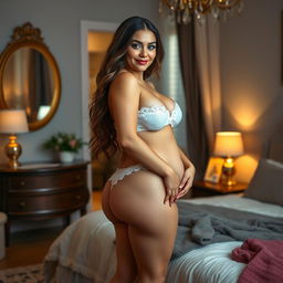 A slim but curvy 19 year old woman stands in her stylish bedroom, looking into a mirror