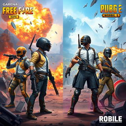 A visually stunning scene featuring the characters and elements from Garena Free Fire and PUBG Mobile facing each other dramatically