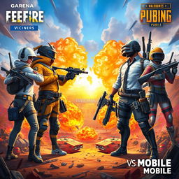 A visually stunning scene featuring the characters and elements from Garena Free Fire and PUBG Mobile facing each other dramatically