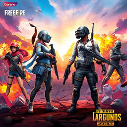 A visually stunning scene featuring the characters and elements from Garena Free Fire and PUBG Mobile facing each other dramatically