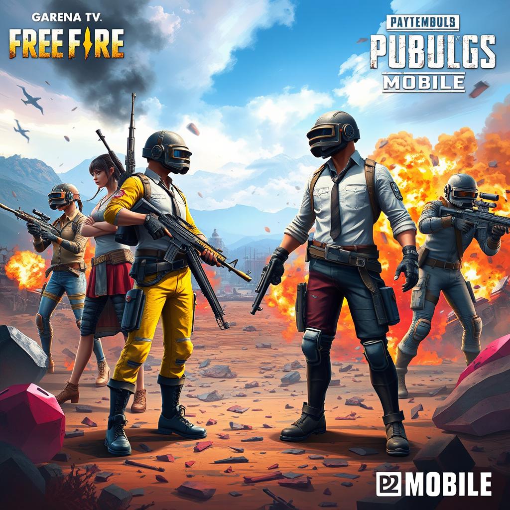 A visually stunning scene featuring the characters and elements from Garena Free Fire and PUBG Mobile facing each other dramatically