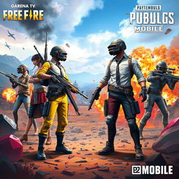 A visually stunning scene featuring the characters and elements from Garena Free Fire and PUBG Mobile facing each other dramatically