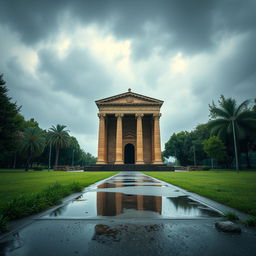A stunning and beautiful view of the tomb of Cyrus the Great, set against a backdrop of a rainy atmosphere