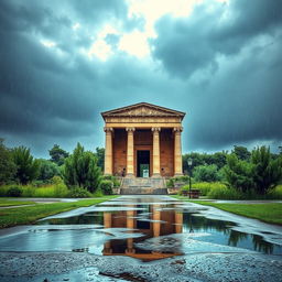 A stunning and beautiful view of the tomb of Cyrus the Great, set against a backdrop of a rainy atmosphere