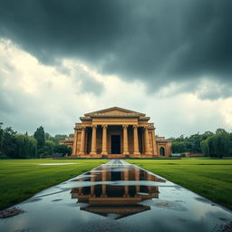 A stunning and beautiful view of the tomb of Cyrus the Great, set against a backdrop of a rainy atmosphere