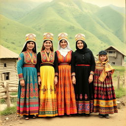 A historical photograph showcasing traditional Rasht women dressed in vibrant, colorful clothing typical of the Gilan region in Iran