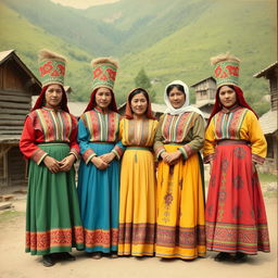 A historical photograph showcasing traditional Rasht women dressed in vibrant, colorful clothing typical of the Gilan region in Iran