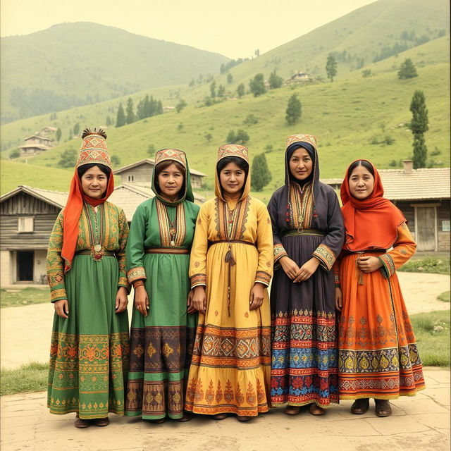 A historical photograph showcasing traditional Rasht women dressed in vibrant, colorful clothing typical of the Gilan region in Iran