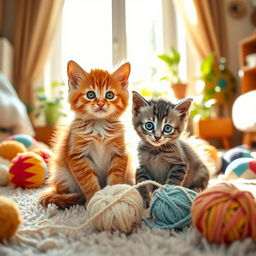 A captivating scene featuring two cute kittens sitting playfully together in a cozy living room