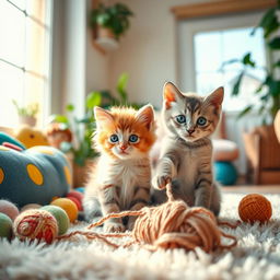 A captivating scene featuring two cute kittens sitting playfully together in a cozy living room