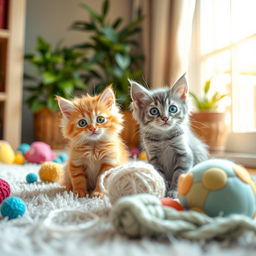 A captivating scene featuring two cute kittens sitting playfully together in a cozy living room