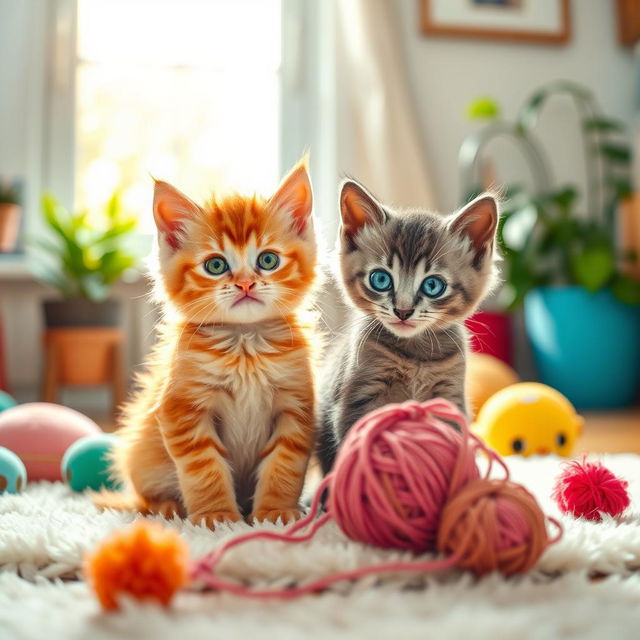 A captivating scene featuring two cute kittens sitting playfully together in a cozy living room