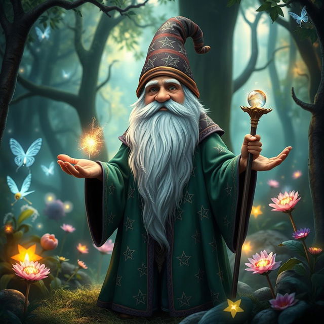 A mystical gnome wizard standing in a lush, enchanted forest