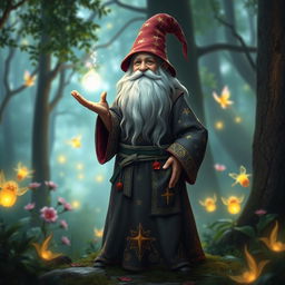 A mystical gnome wizard standing in a lush, enchanted forest