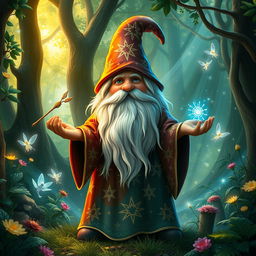 A mystical gnome wizard standing in a lush, enchanted forest