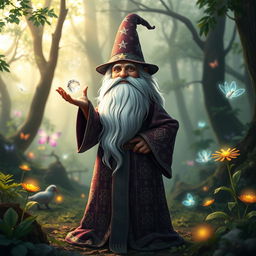 A mystical gnome wizard standing in a lush, enchanted forest