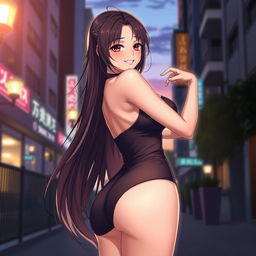 A sexy portrayal of Hinata, featuring her with an alluring expression, long flowing hair styled elegantly, dressed in a stylish, form-fitting outfit that accentuates her curves