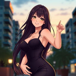 A sexy portrayal of Hinata, featuring her with an alluring expression, long flowing hair styled elegantly, dressed in a stylish, form-fitting outfit that accentuates her curves