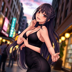 A sexy portrayal of Hinata, featuring her with an alluring expression, long flowing hair styled elegantly, dressed in a stylish, form-fitting outfit that accentuates her curves