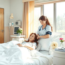 A serene and calm hospital room scene with a patient resting in a cozy bed