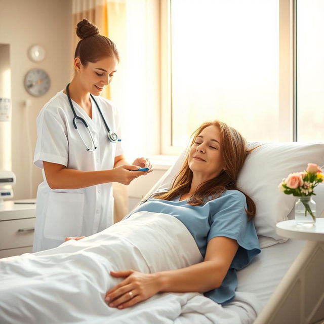 A serene and calm hospital room scene with a patient resting in a cozy bed