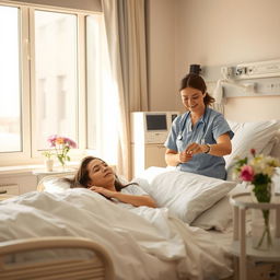 A serene and calm hospital room scene with a patient resting in a cozy bed