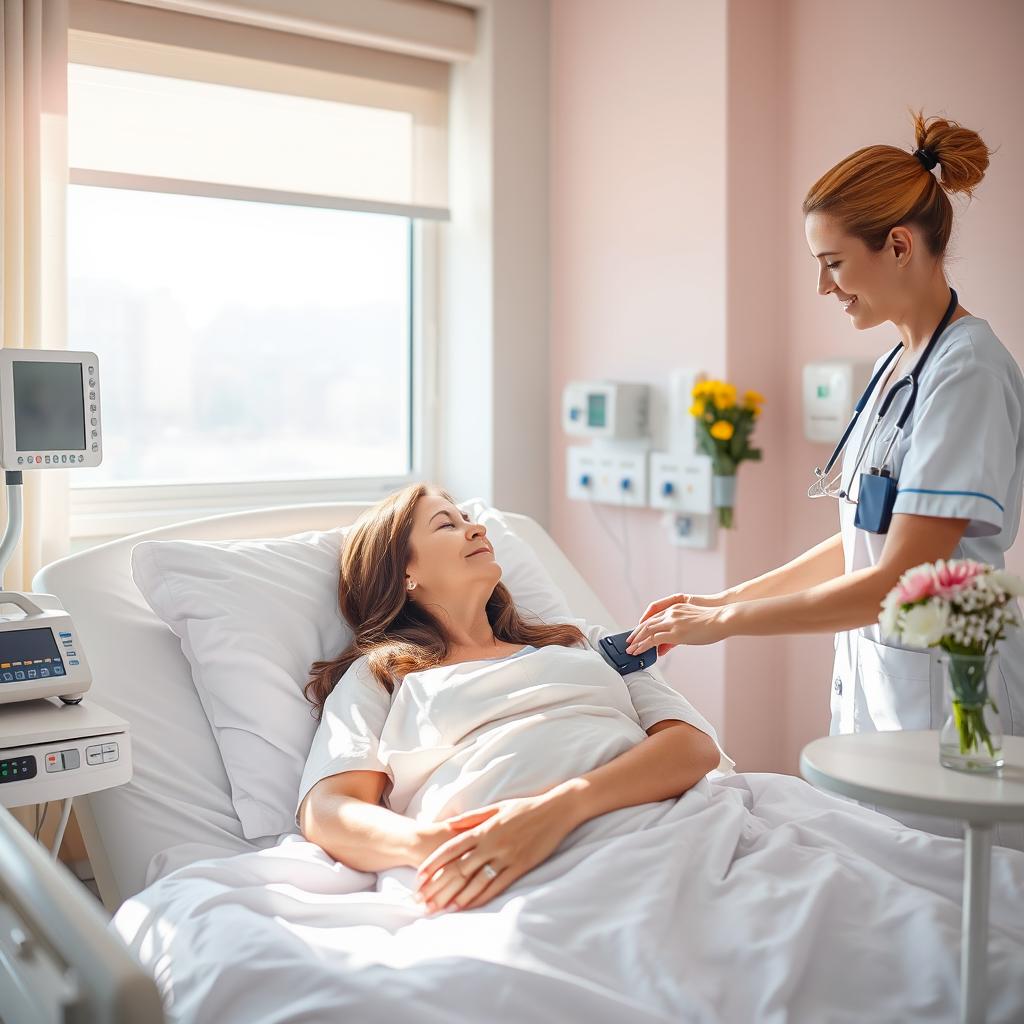 A serene and calm hospital room scene with a patient resting in a cozy bed