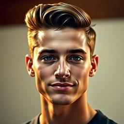 A portrait of a charismatic young man with stylish hair, showcasing a trendy hairstyle where the right side of his hair mirrors the left