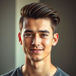 A portrait of a charismatic young man with stylish hair, showcasing a trendy hairstyle where the right side of his hair mirrors the left