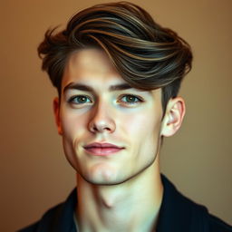 A portrait of a charismatic young man with stylish hair, showcasing a trendy hairstyle where the right side of his hair mirrors the left