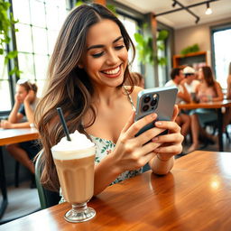 A stylish young woman sitting at a trendy cafe, cheerfully using her iPhone 15 Pro