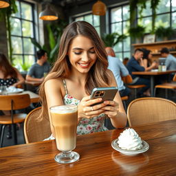 A stylish young woman sitting at a trendy cafe, cheerfully using her iPhone 15 Pro