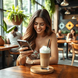 A stylish young woman sitting at a trendy cafe, cheerfully using her iPhone 15 Pro