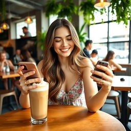 A stylish young woman sitting at a trendy cafe, cheerfully using her iPhone 15 Pro