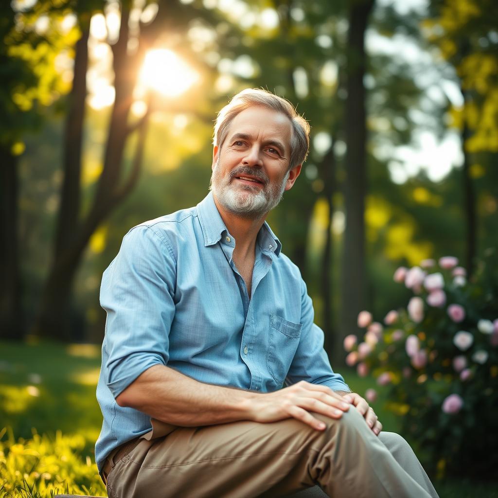 A serene and contemplative portrait of a man in his 40s, sitting peacefully in a lush green park, surrounded by tall trees and blooming flowers