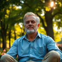 A serene and contemplative portrait of a man in his 40s, sitting peacefully in a lush green park, surrounded by tall trees and blooming flowers