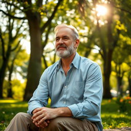 A serene and contemplative portrait of a man in his 40s, sitting peacefully in a lush green park, surrounded by tall trees and blooming flowers