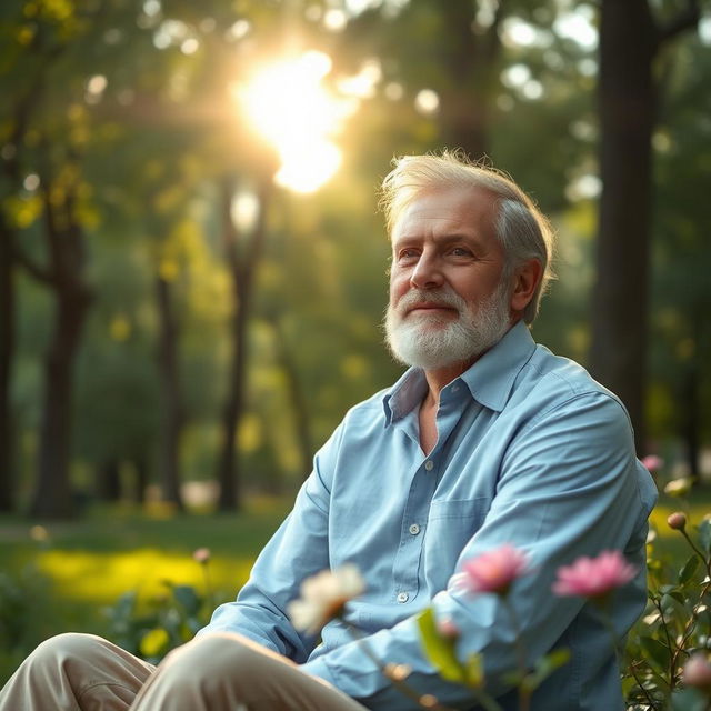 A serene and contemplative portrait of a man in his 40s, sitting peacefully in a lush green park, surrounded by tall trees and blooming flowers