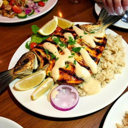 A beautifully presented grilled fish dish drizzled with a rich and creamy tahini sauce
